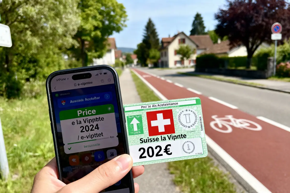 Main tenant smartphone et vignette suisse, route cyclable en arrière-plan, maisons et arbres autour.