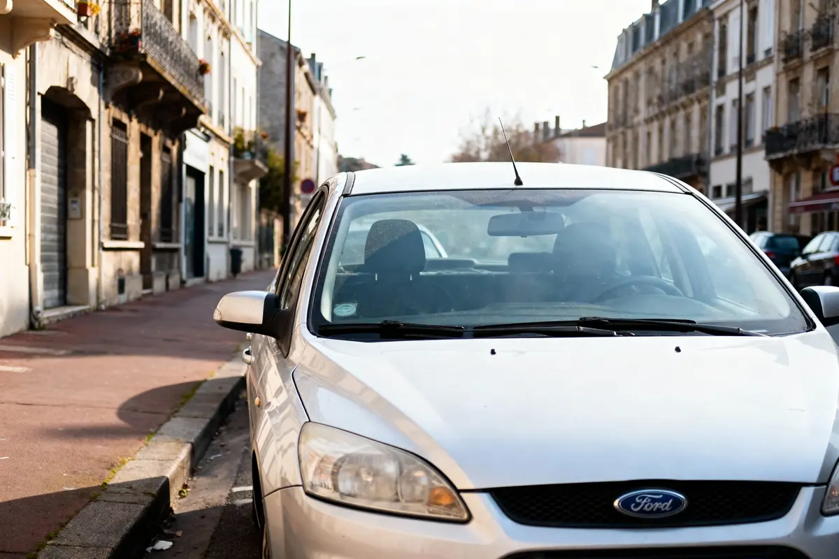 Voiture blanche Ford stationnée dans une rue résidentielle bordée d'immeubles anciens.