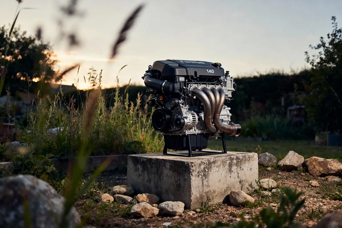 Moteur à combustion métallique sur socle en béton, extérieur verdoyant au crépuscule. Rochers et herbes environnants.