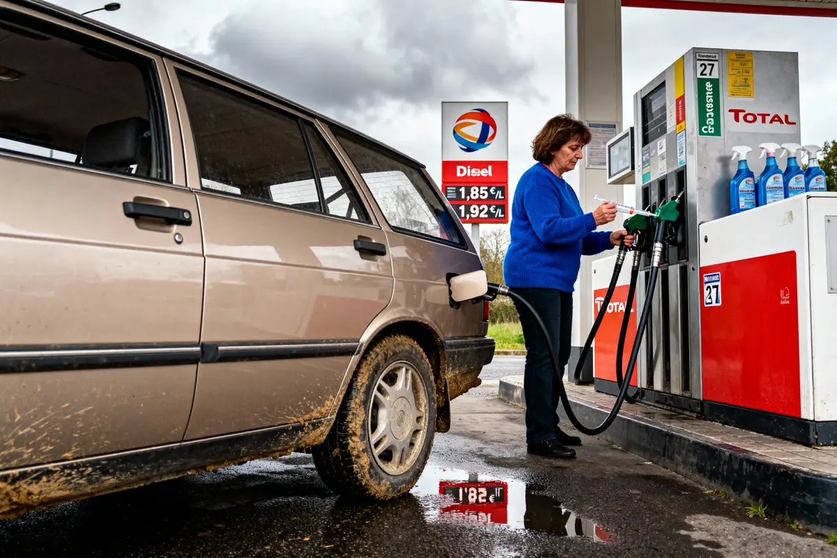 Femme en bleu faisant le plein d'une voiture beige à une station-service Total sous ciel nuageux.