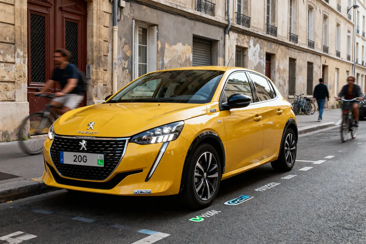 Voiture jaune Peugeot 208 stationnée dans une rue avec cyclistes flous en arrière-plan.
