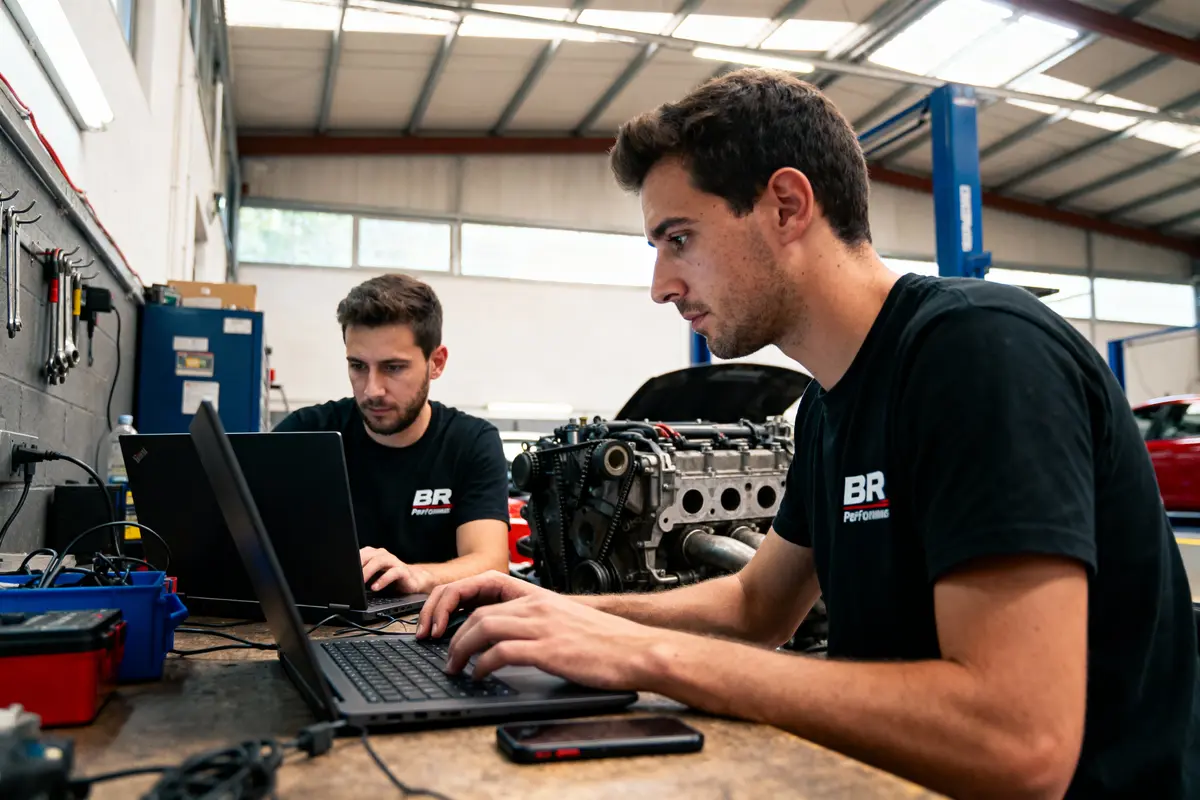 Deux hommes travaillent sur des ordinateurs portables dans un atelier mécanique, moteur automobile en arrière-plan.