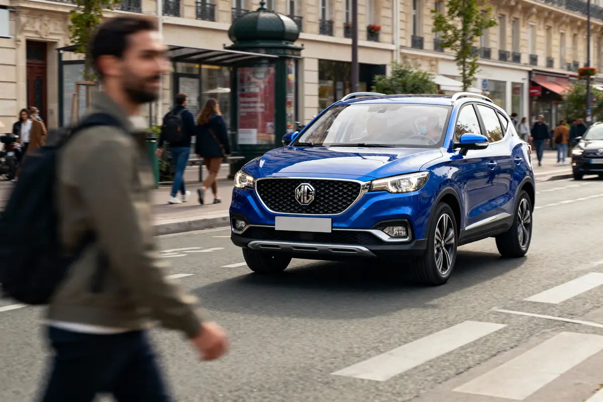 SUV bleu MG roulant en ville avec piéton flou au premier plan, bâtiments en arrière-plan.