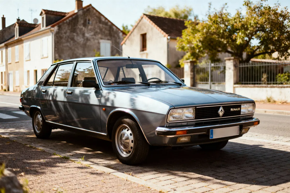 Voiture ancienne Renault grise garée sur une rue pavée devant des maisons en arrière-plan.