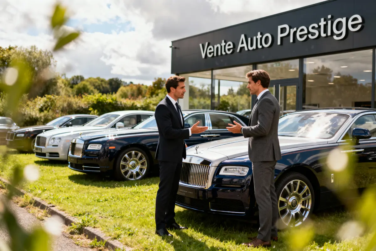 Deux hommes discutent devant des voitures de luxe à la concession "Vente Auto Prestige" par une journée ensoleillée.