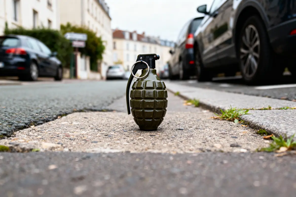 Grenade verte posée sur la route en ville, entourée de voitures garées alignées le long des trottoirs.