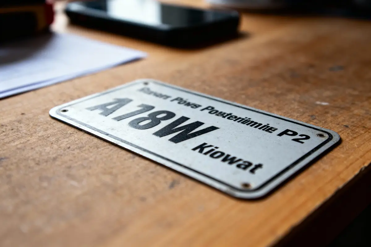 Plaque métallique "A78W Kiowat" sur bureau en bois, smartphone en arrière-plan, faible profondeur de champ.