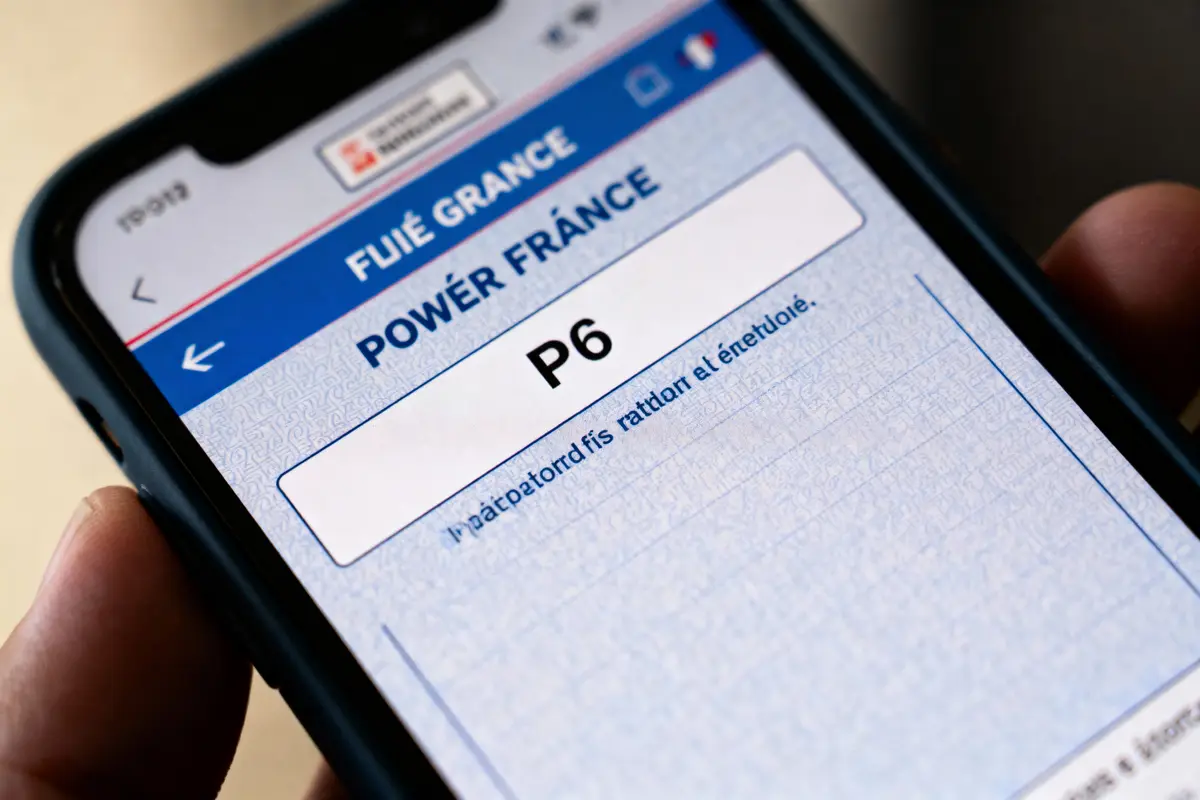 Smartphone affichant une application avec texte en majuscules "FUJÉ GRANCE POWÉR FRÁNCE P6" et bordure bleue.