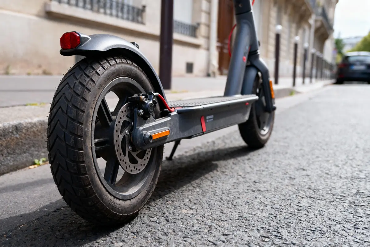 Trottinette électrique noire sur une rue pavée, prise de vue en contre-plongée, bâtiment en arrière-plan.