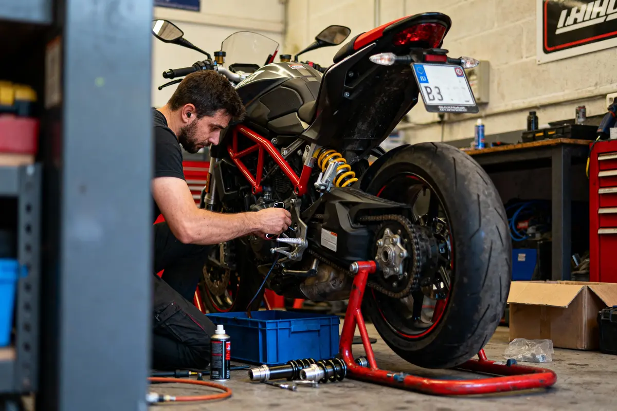 Mécanicien répare une moto noire dans un atelier, outils et pièces détachées autour de lui.