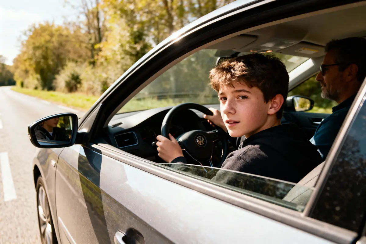 Jeune garçon conduisant une voiture grise avec un adulte sur une route ensoleillée, arbres en arrière-plan.