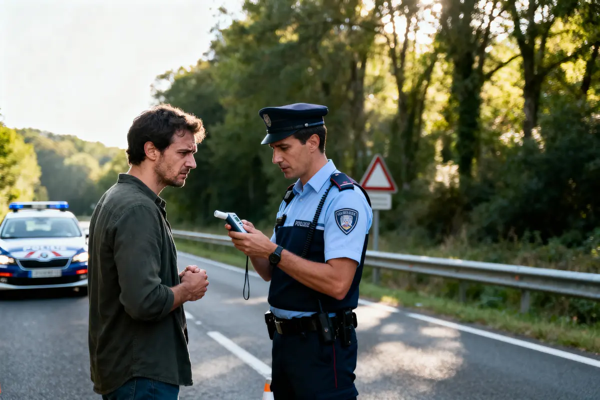 Un policier fait un contrôle d'alcoolémie sur un conducteur sur une route avec une voiture de police.