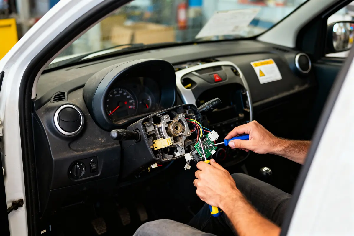 Une personne répare le tableau de bord d'une voiture, manipulant des circuits électroniques et des câbles colorés.