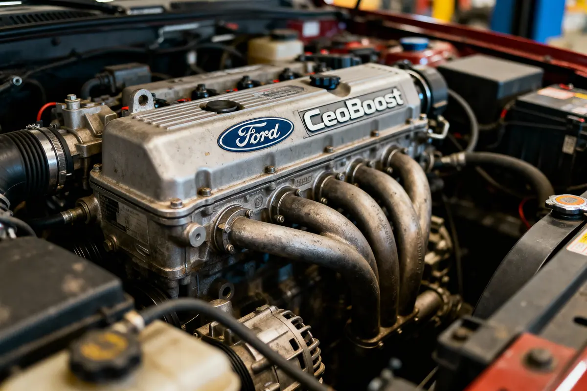 Moteur Ford EcoBoost dans compartiment moteur de voiture, avec des composants visibles et logo Ford clairement affiché.