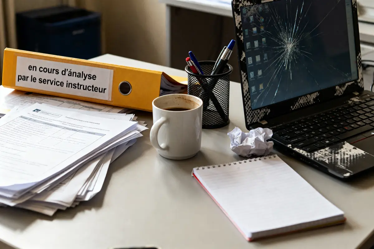 Bureau avec ordinateur portable écran fissuré, dossier jaune, tasse café, bloc-notes, stylos, papiers empilés et froissés.