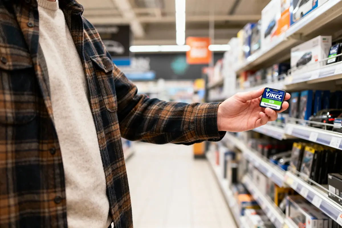 Personne en chemise à carreaux tenant une pile dans un magasin, devant une étagère de produits électroniques.