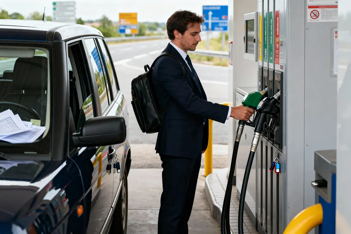 Homme en costume faisant le plein d'une voiture noire à une station-service extérieure.