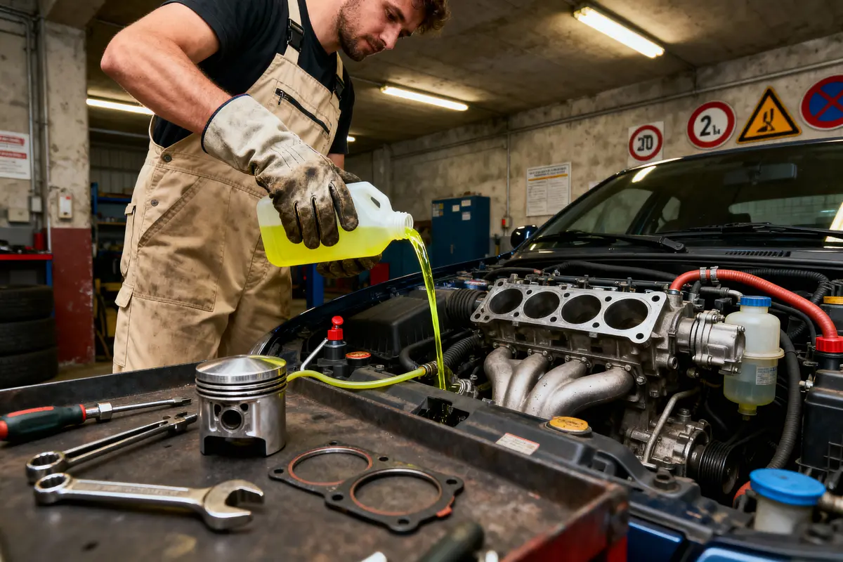Mécanicien verse liquide dans moteur voiture, atelier, outils autour.
