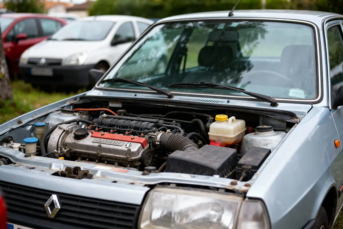 Capot ouvert d'une Renault, montrant le moteur, avec plusieurs voitures garées en arrière-plan.