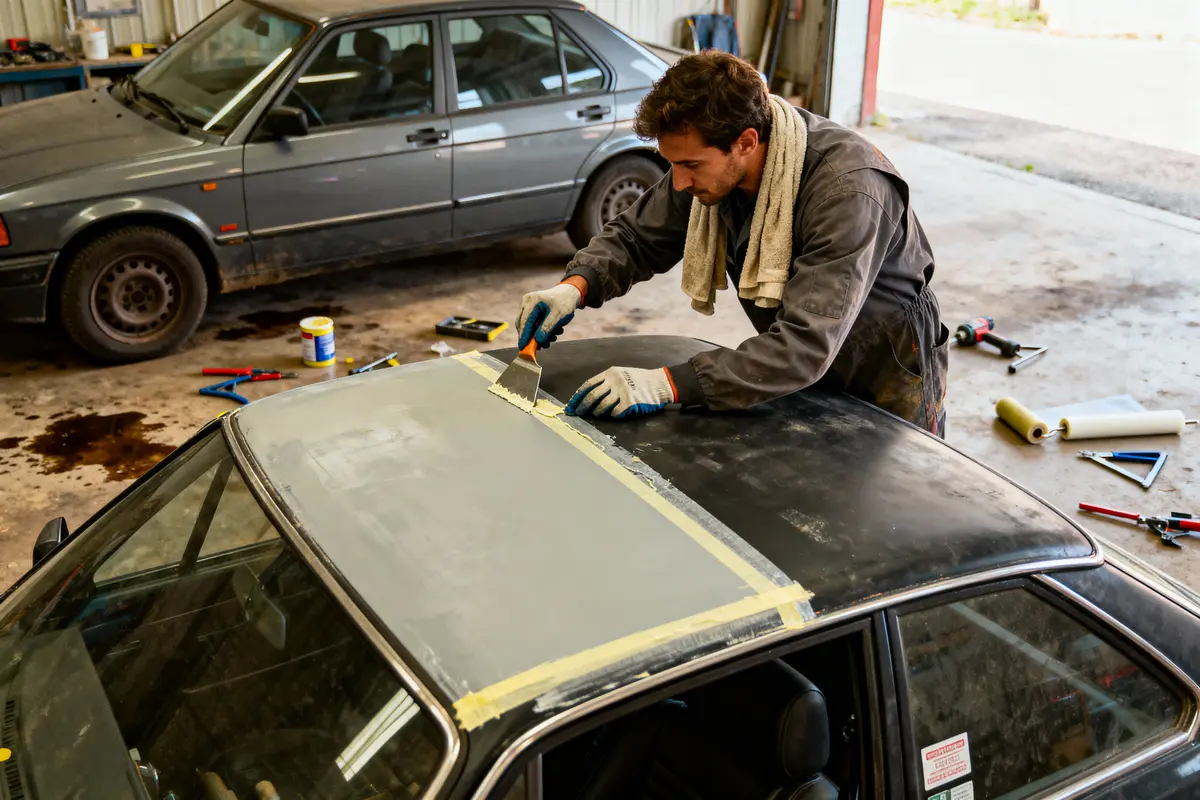 Homme réparant le toit d'une voiture dans un garage avec divers outils autour.