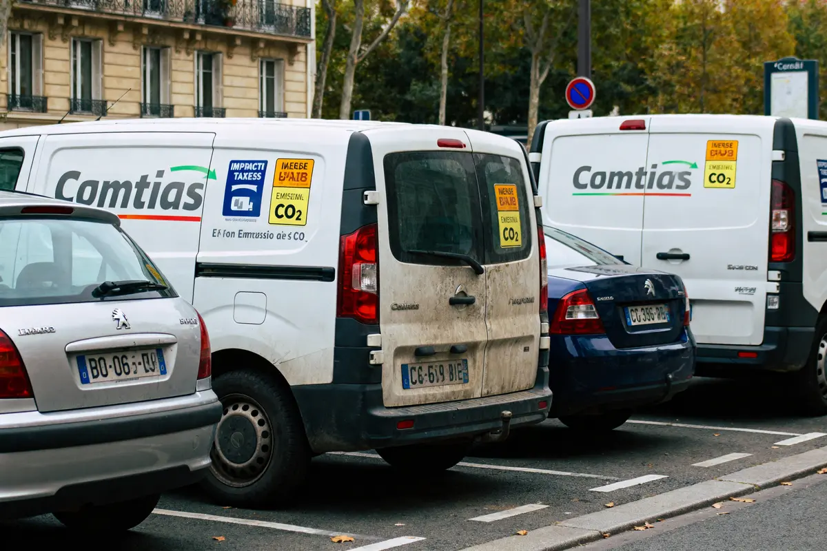 Trois véhicules garés, dont deux camionnettes blanches avec logos "Comtias" et étiquettes d'émissions CO2.