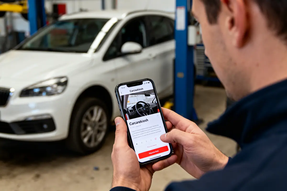 Personne utilisant une application sur mobile pour consulter des informations sur une voiture blanche dans un garage.