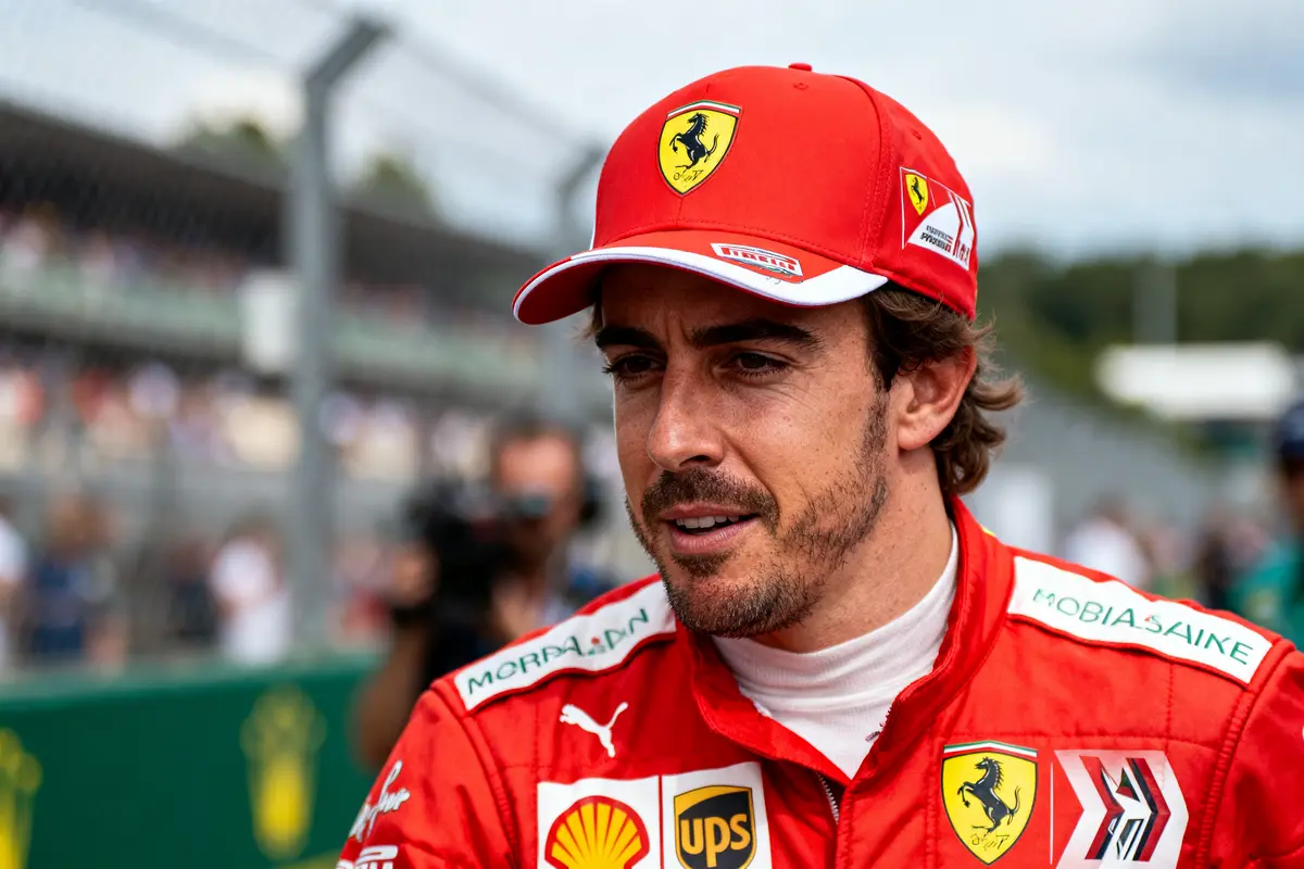 Pilote de course en tenue rouge Ferrari sur le circuit, portant une casquette assortie.