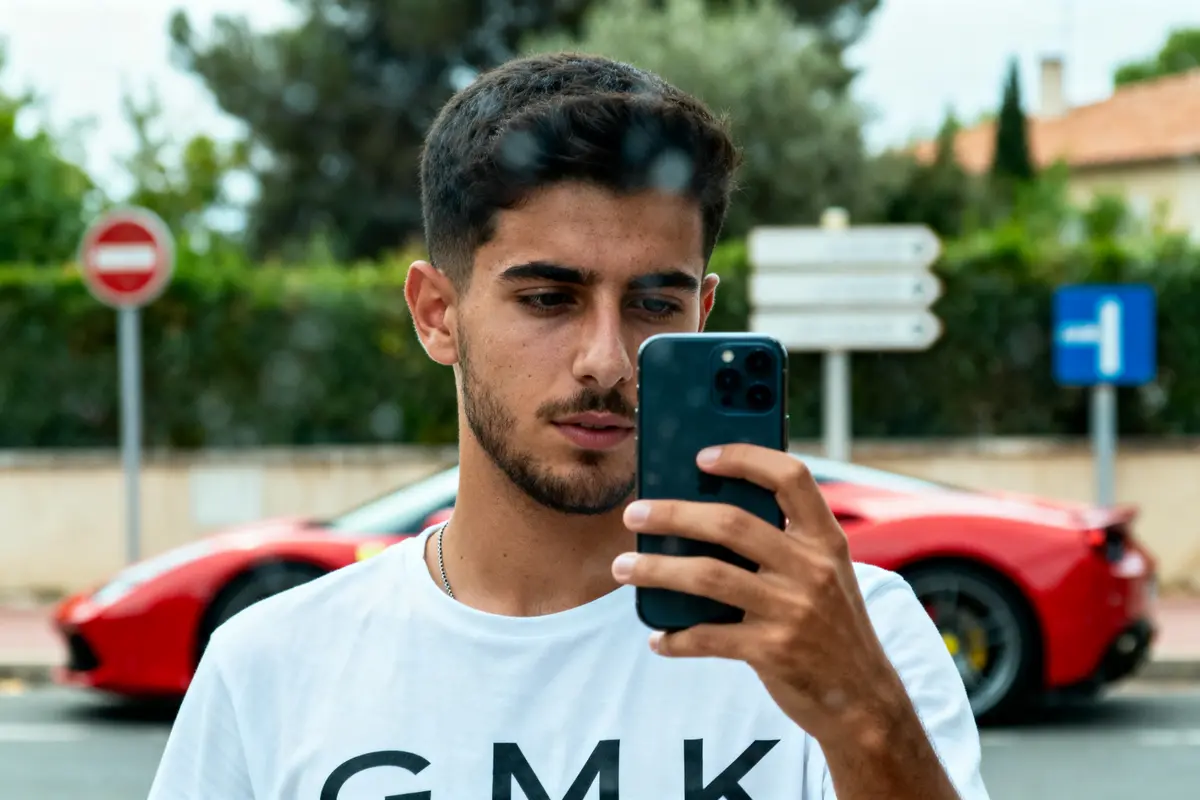 Jeune homme prend un selfie devant une voiture rouge, panneaux routiers en arrière-plan.