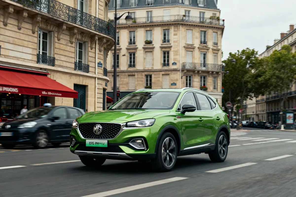 SUV vert MG en mouvement, ville avec bâtiments haussmanniens et café rouge animé. Atmosphère urbaine dynamique.