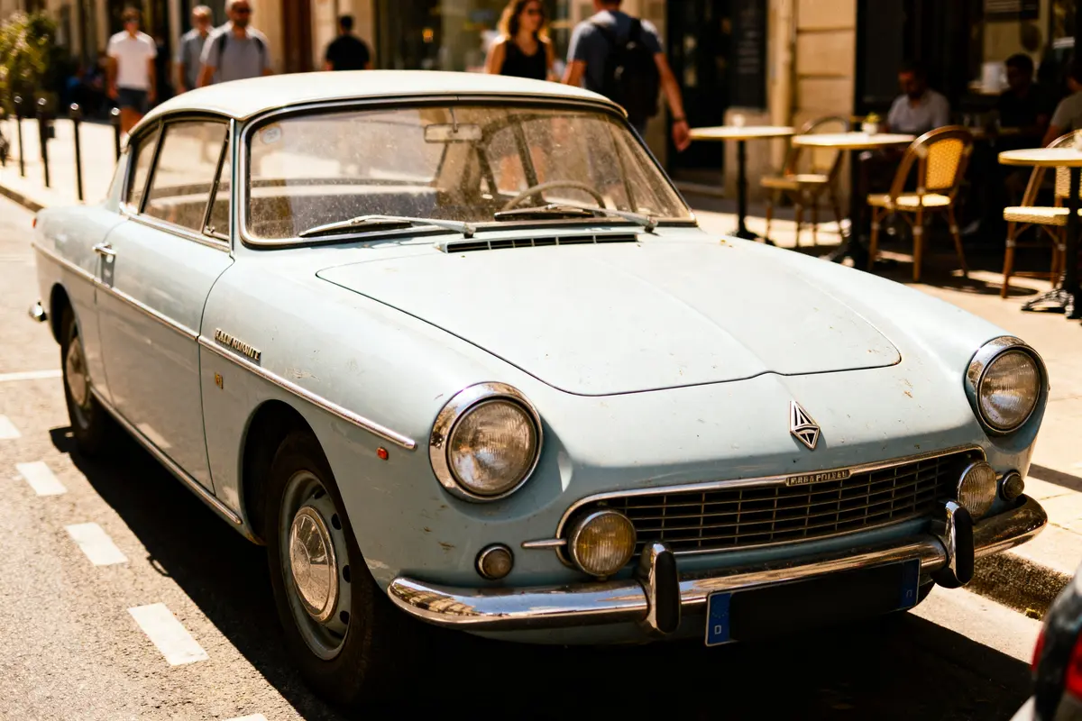 Voiture classique bleue stationnée en ville, avec des personnes en arrière-plan et un café terrasse.