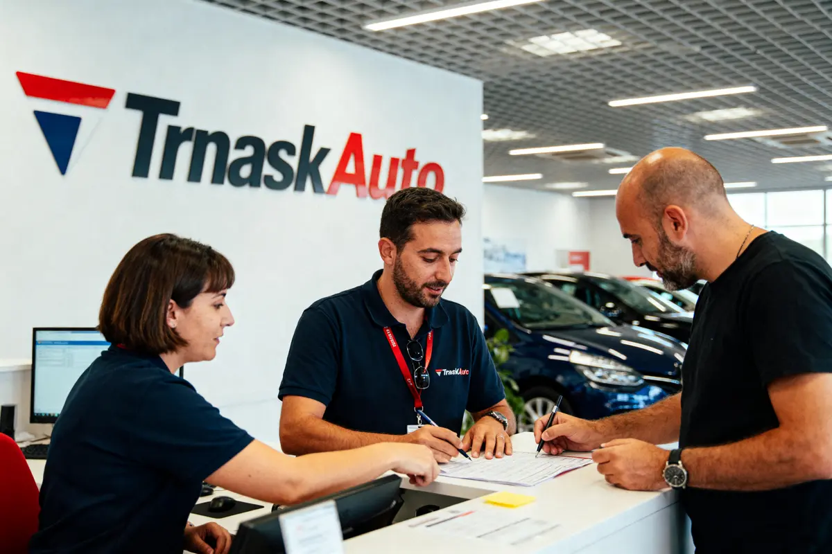Deux employés discutent avec un client dans une concession automobile, logo "Trnask Auto" visible en arrière-plan.