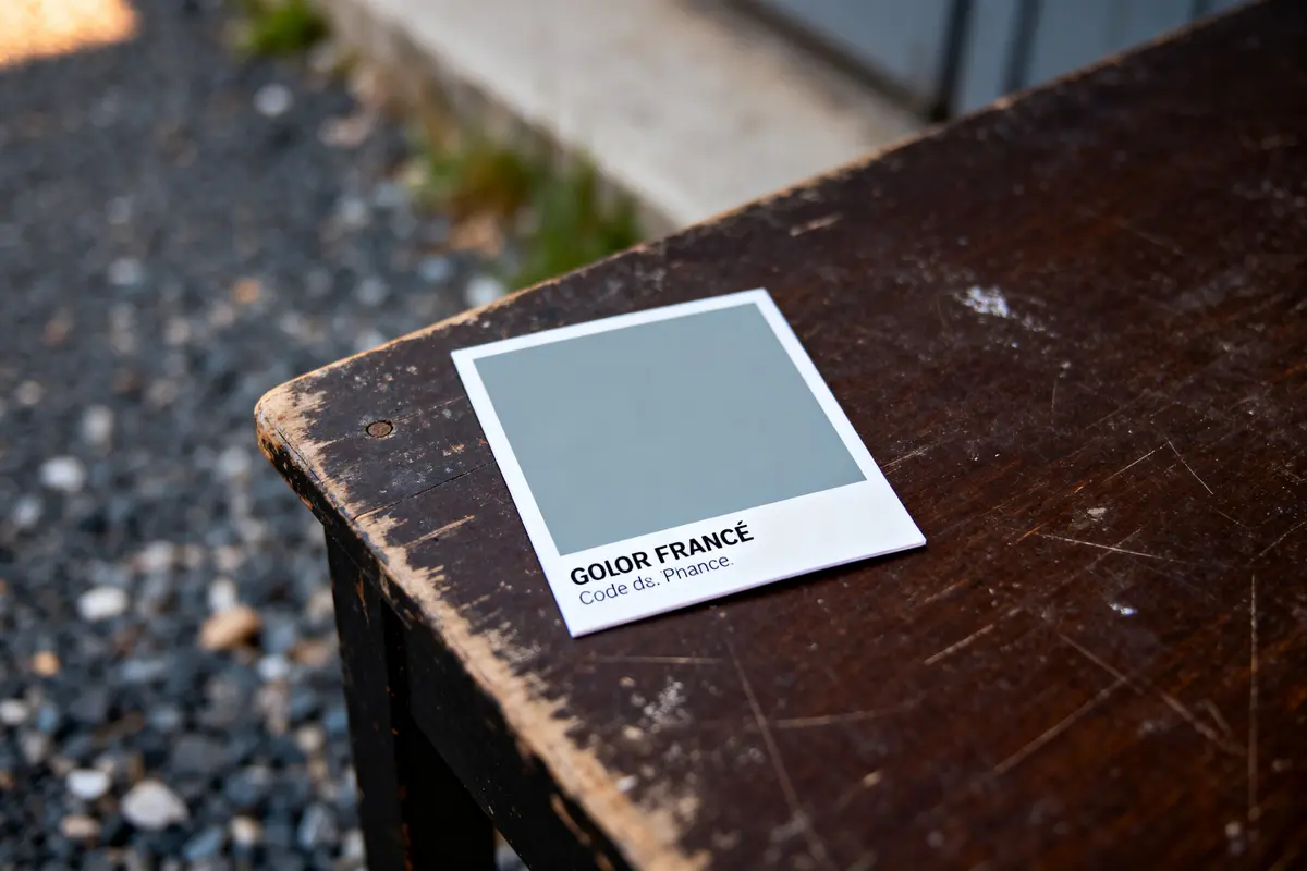 Photo polaroïd sur table en bois usée, texte "Golor France", gravier arrière-plan.