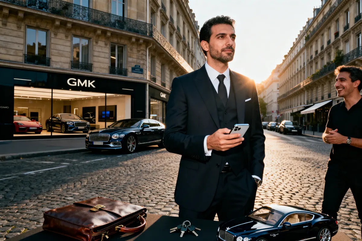 Homme en costume tenant un téléphone devant une concession automobile GMK, rue pavée, au coucher du soleil.