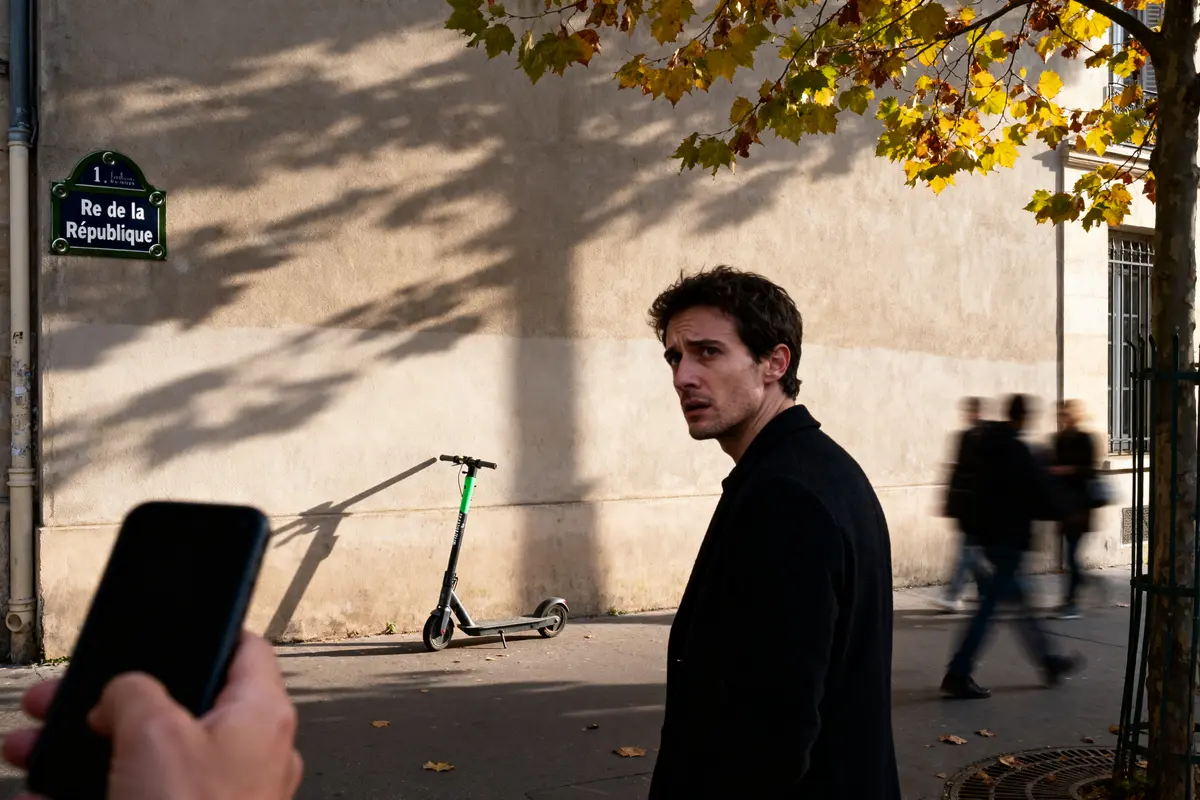 Homme marchant rue de la République, trottinette stationnée, ombres d'arbres, silhouette floue, panneau visible.