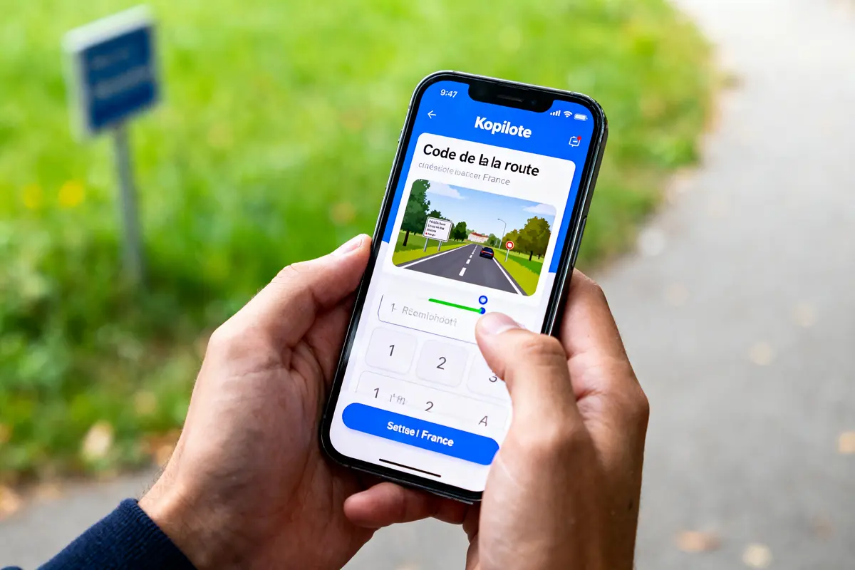 Personne utilisant une application de code de la route sur smartphone, fond flou vert, chemin pavé.