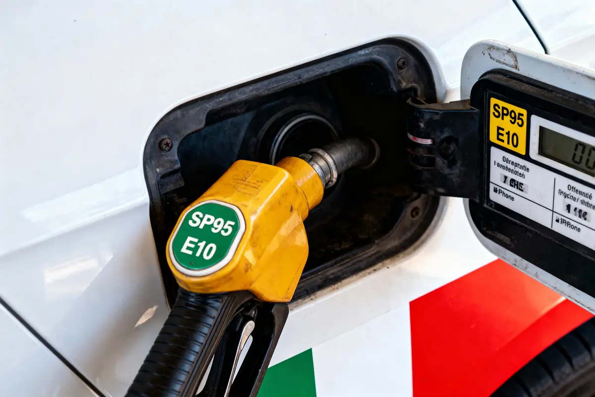 Remplissage de carburant SP95 E10 dans une voiture, avec pompe jaune insérée dans le réservoir.
