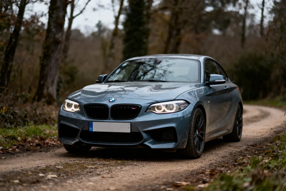 Voiture de sport grise BMW sur chemin de terre entouré de forêt en automne.