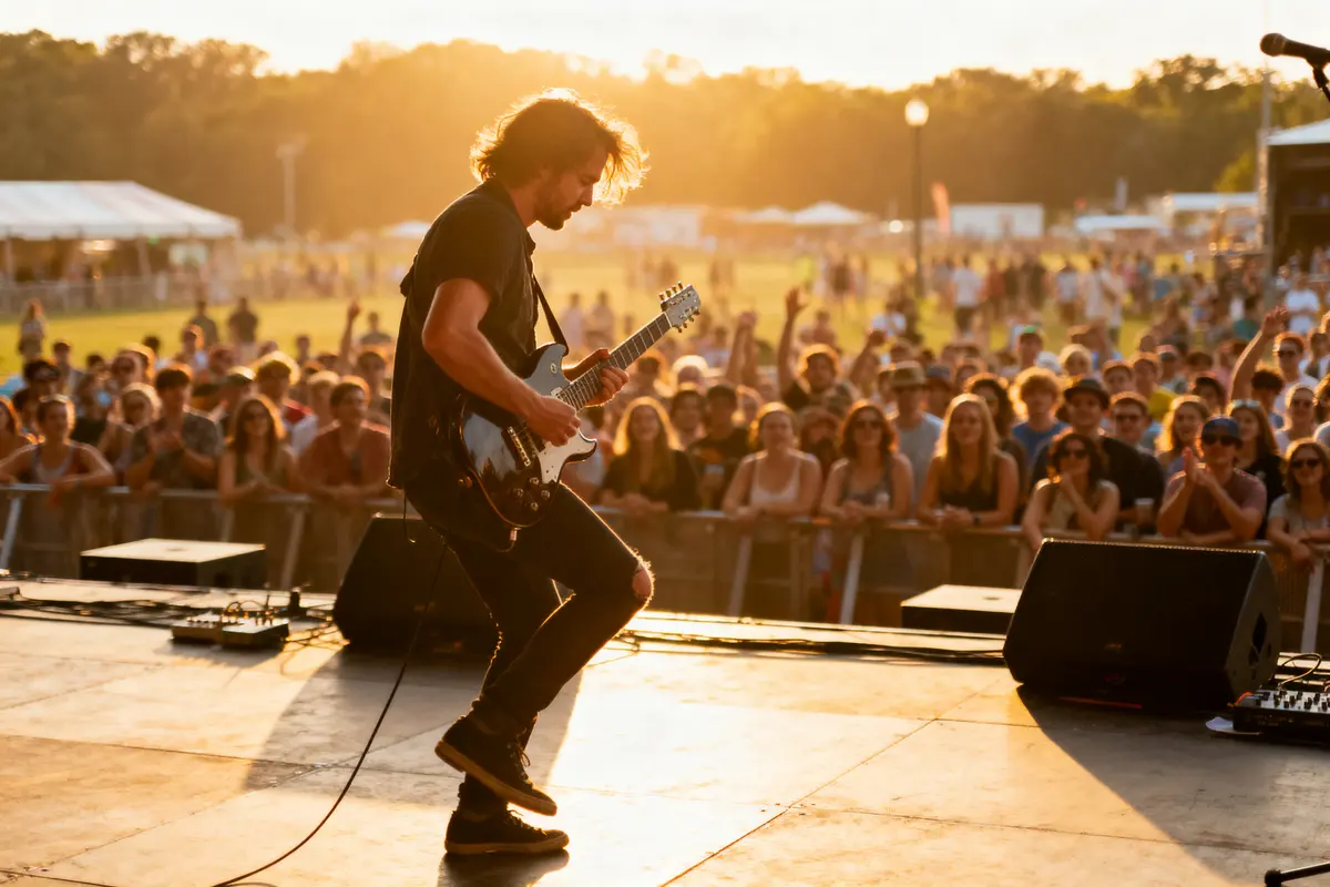 Guitariste jouant sur scène lors d'un concert en plein air, ambiance ensoleillée avec foule enthousiaste.