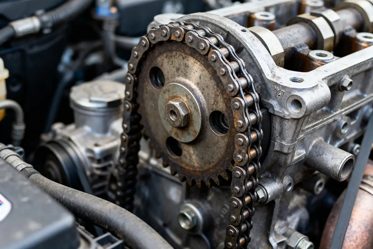 Moteur automobile en gros plan avec chaîne et pignon métalliques visibles.