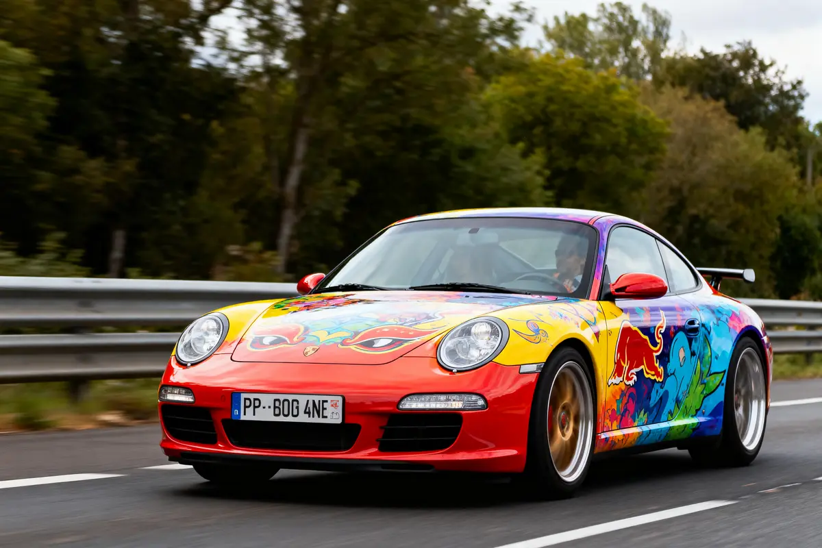Voiture sportive rouge avec motifs colorés, conduite sur route, barrière métallique en arrière-plan.