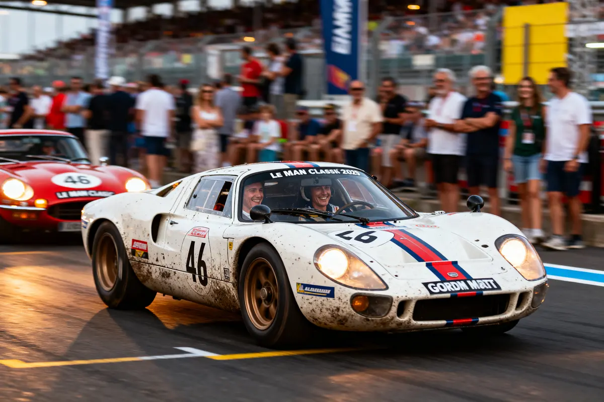 Voiture de course classique blanche et rouge, numéro 46, participants souriants, public, événement Le Mans Classic 2023.