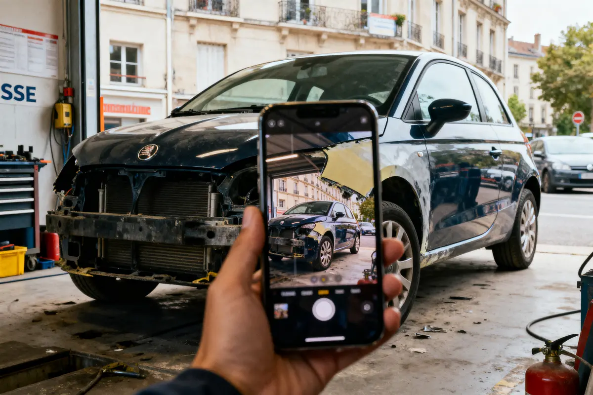 Voiture noire en réparation, photo prise avec un smartphone dans un atelier mécanique.