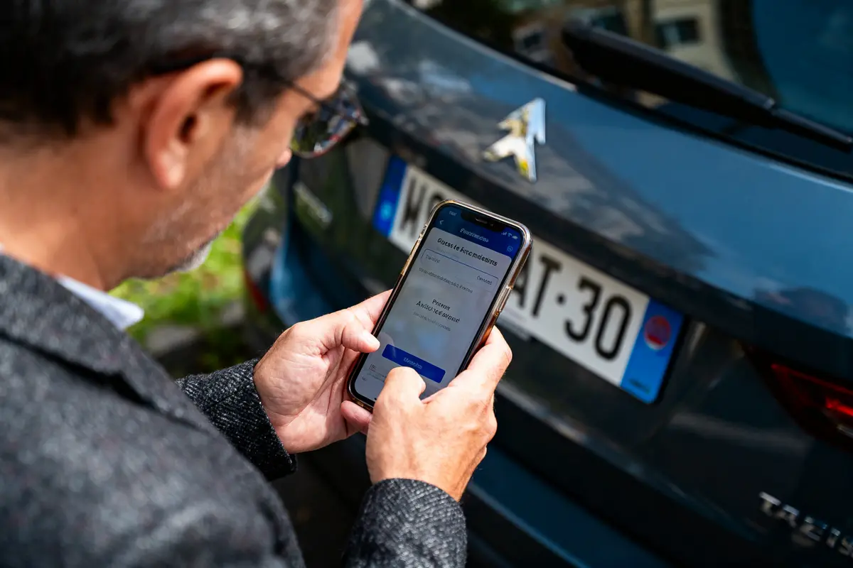 Homme utilisant smartphone avec application près d'une voiture bleue, plaque d'immatriculation visible.