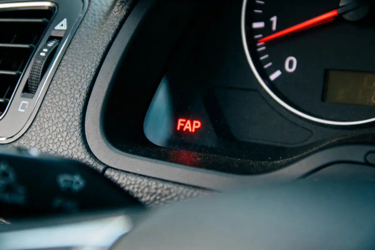 Indicateur FAP allumé sur le tableau de bord d'un véhicule.