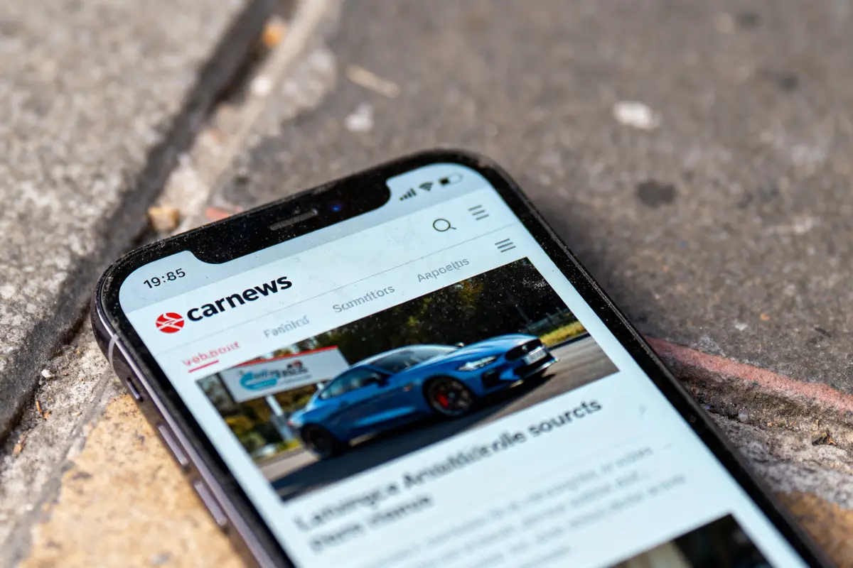 Smartphone sur le sol affichant un site web de voitures, "carnews", avec une image de voiture bleue.