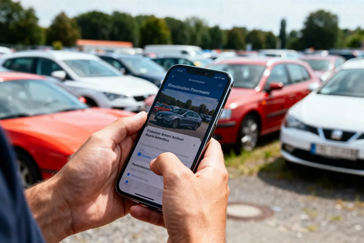 Personne utilisant un smartphone pour consulter des informations sur une voiture dans un parking de véhicules.