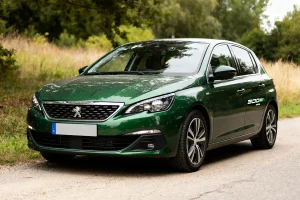 Voiture Peugeot 308 verte garée sur chemin rural entouré de feuillage verdoyant
