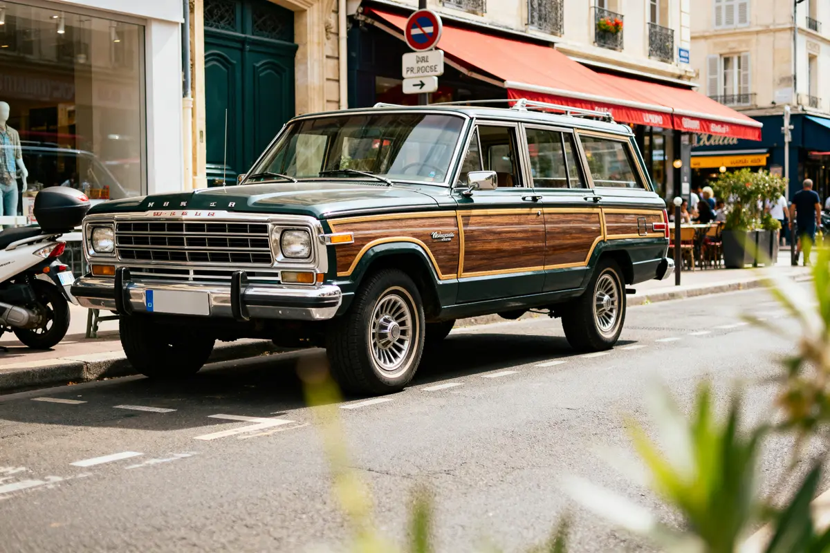 Chrysler Wagoneer vintage garé dans une rue parisienne avec façade de café adjacente