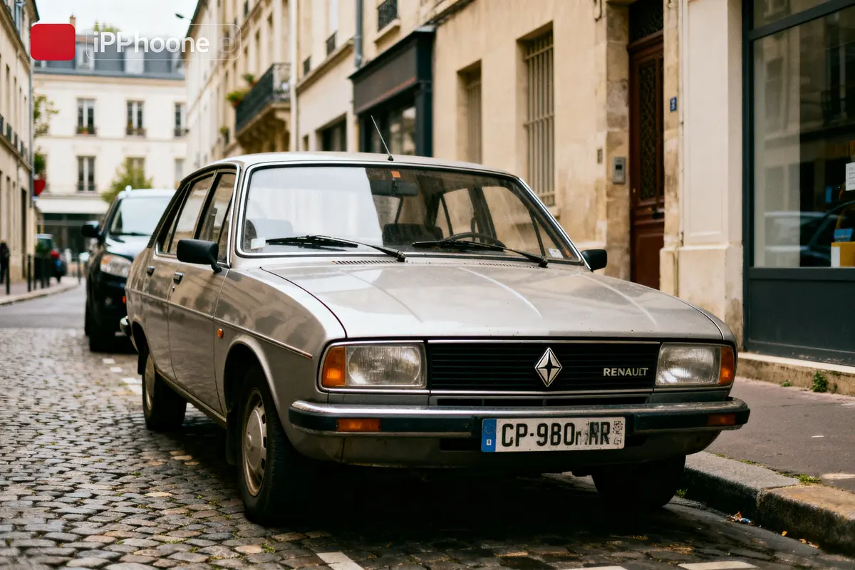 Renault 12 Sedan gris garé dans une rue pavée parisienne ancienne architecture en arrière-plan