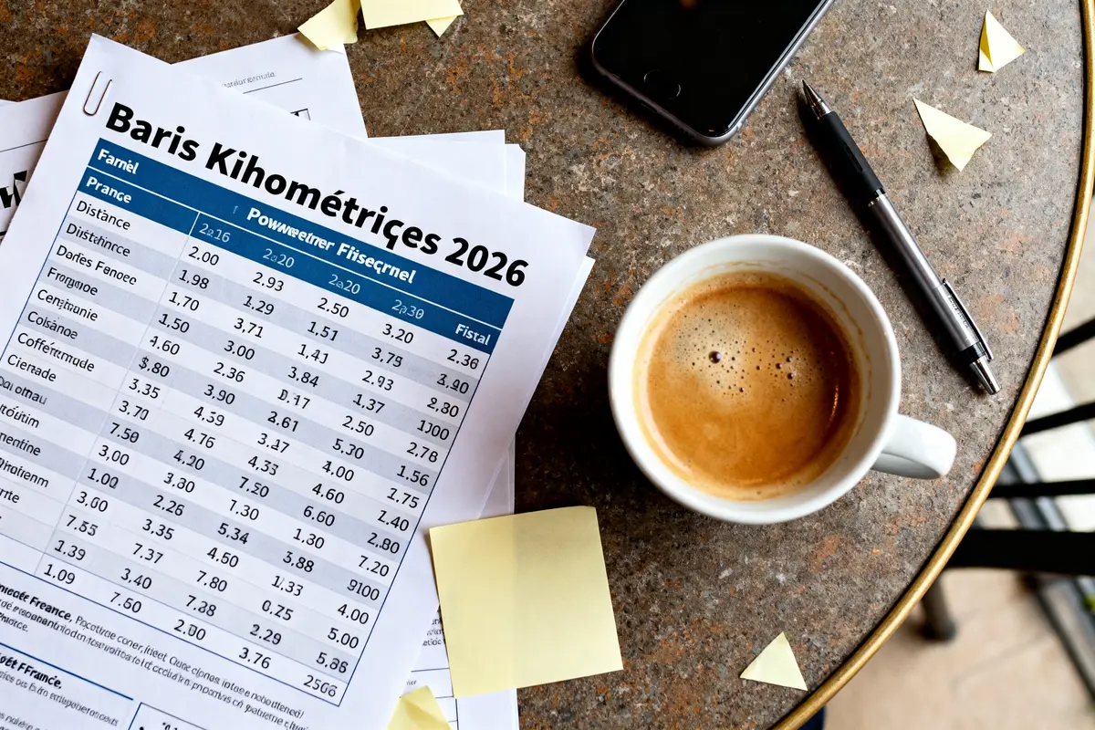 Tableau du barème des frais kilométriques 2026 posé sur une table avec café